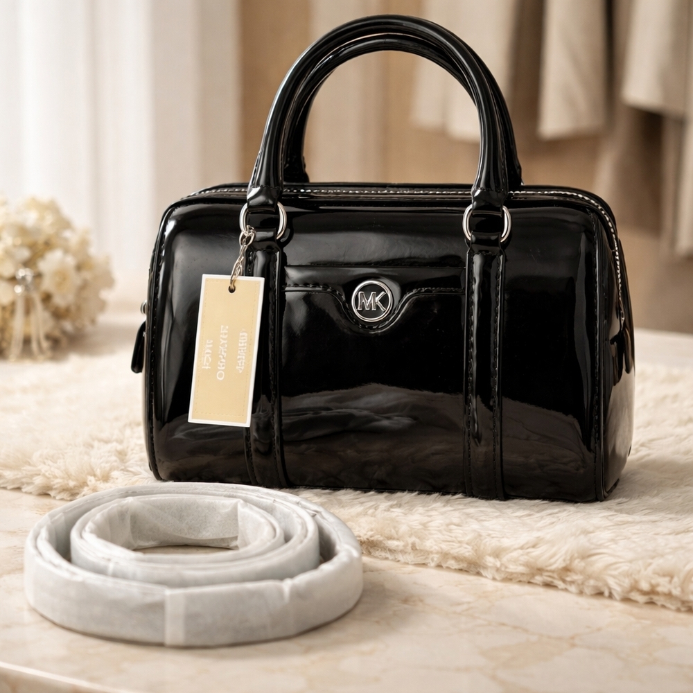 Michael Kors Mini Black Patent Leather Satchel with MK Emblem